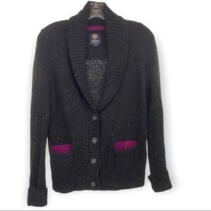 American Eagle Gray Nubby Button Down Cardigan w/purple trim, pockets, cowl neck